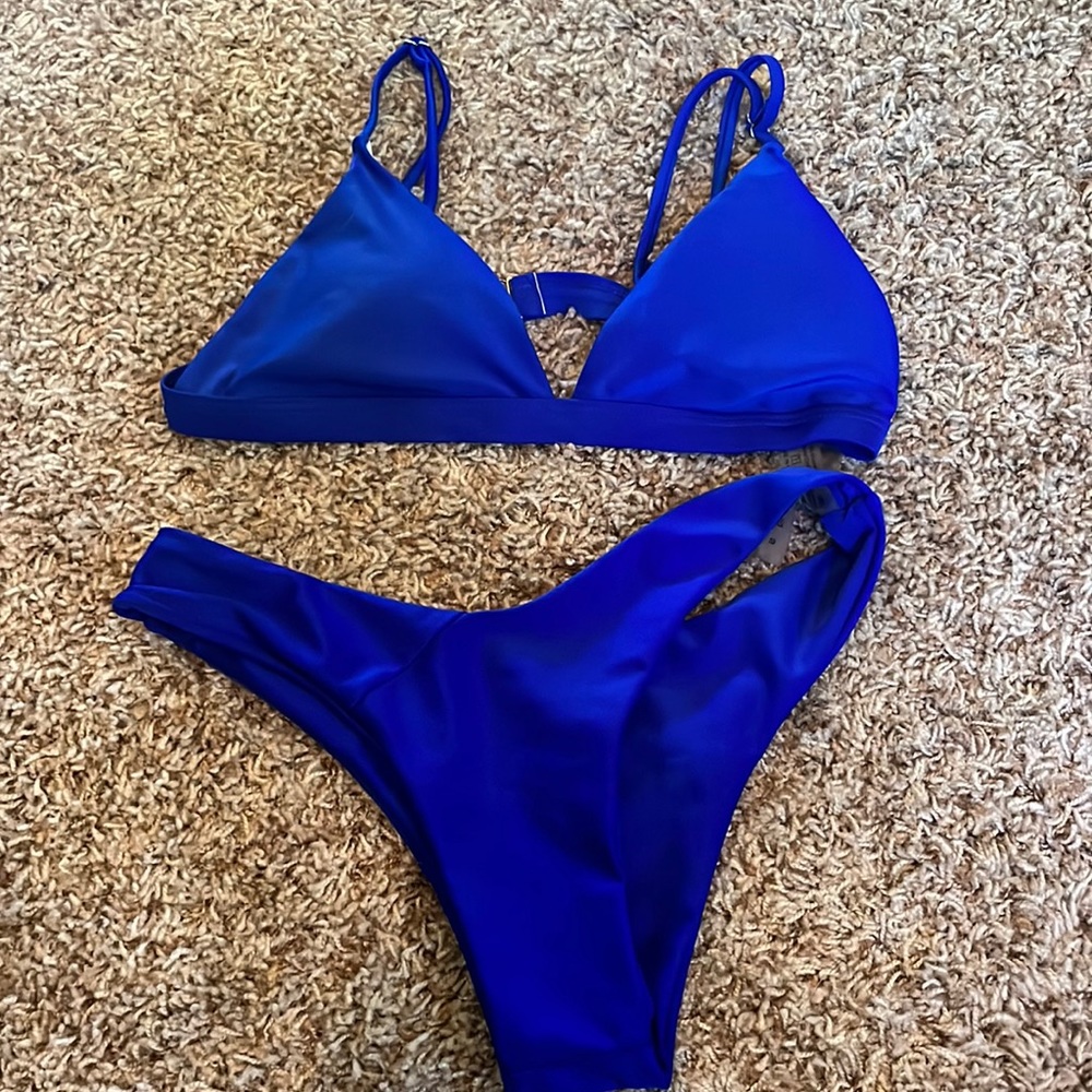 small royal blue SHEIN bikini with adjustable top and cheeky bottoms